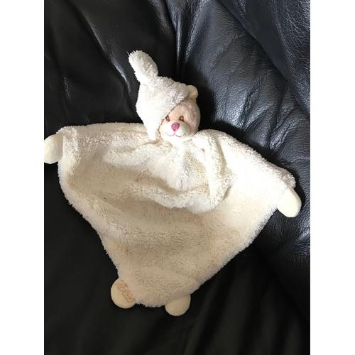 peluche doudou hochet lapin tissu rayé beige écru et vert kaki DODO D/'AMOUR MGM