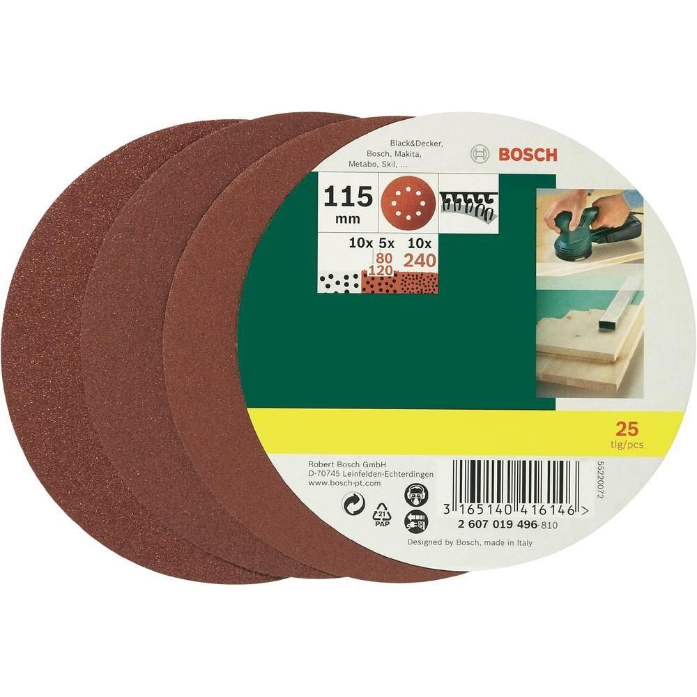 Set de 25 abrasifs pour ponceuse excentrique Ø115 mm grain 80240 Bosch 2607019496