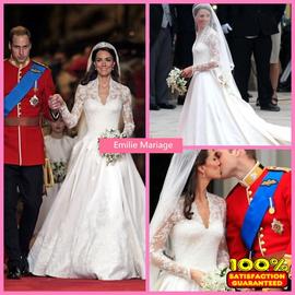 Robe De Mariéemariage Encolure V Taffetas Appliques Manches Longues A Ligne Princesse Kate Grande Taille Emilie Mariage