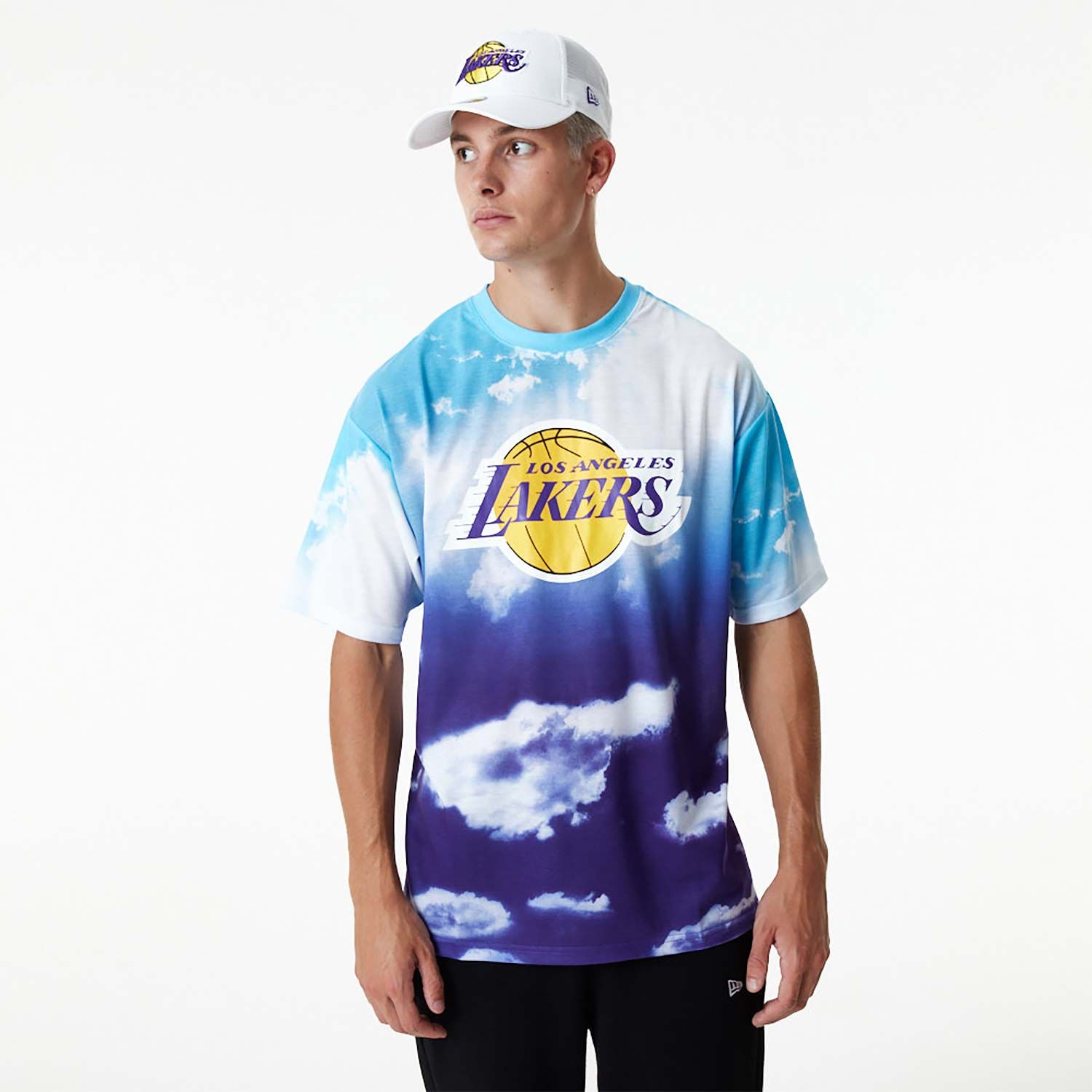 t-shirt oversize officiel new era la lakers nba sky all over print bleu ciel/violet homme - L