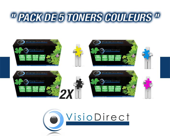 Pack de cinq toner cartouches d'encre (CE310A) 2 Noir 1200 pages, (CE311A) Cyan (CE312A) Jaune et (CE313A) Magenta 1000 pages pour imprimante HP LASERJET PRO CP1025 Certifié ISO 9001 ISO 14001 + Sous verre offert