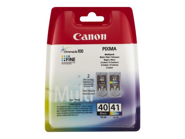 Canon PG-40 / CL-41 Multi Pack - Pack de 2 - noir, couleur (cyan, magenta, jaune) - originale - réservoir d'encre - pour FAX JX210 Pixma iP1800, iP1900, iP2600, MP140, MP190, MP210, MP220...