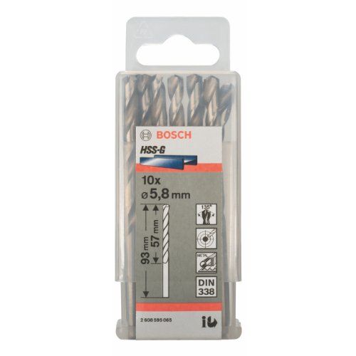 Lot de 10 forets à métaux rectifiés HSS G Standard DIN 338 Ø5.8mm Longueur 93mm BOSCH 2608595065
