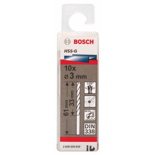 Lot de 10 forets à métaux rectifiés HSS-G Standard, DIN 338 Ø3.0mm Longueur 61mm BOSCH 2608595055