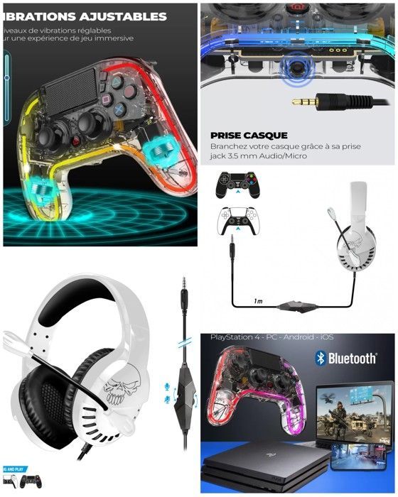 Casque Pro H3 Ps4 Ps5 Playstation + Manette Ps4 Bluetooth Neon Bluetooth Lumineuse Rgb 3.5 Jack Pc Ios Ou Android.