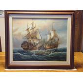 tableau signé j.harvey combat naval entre 2 bateaux