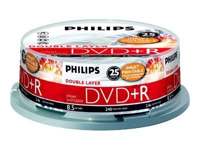 Philips DR8I8B25F 25 x DVD+R DL 8.5 Go 240 minutes 8x surface imprimable par jet d'encre spindle