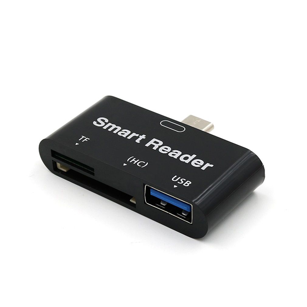 Multifonctionnel 3 en 1 Micro USB adaptateur Smart Card Reader pour OTG Smartphone - Type C Lecteur de cartes + USB (Noir)