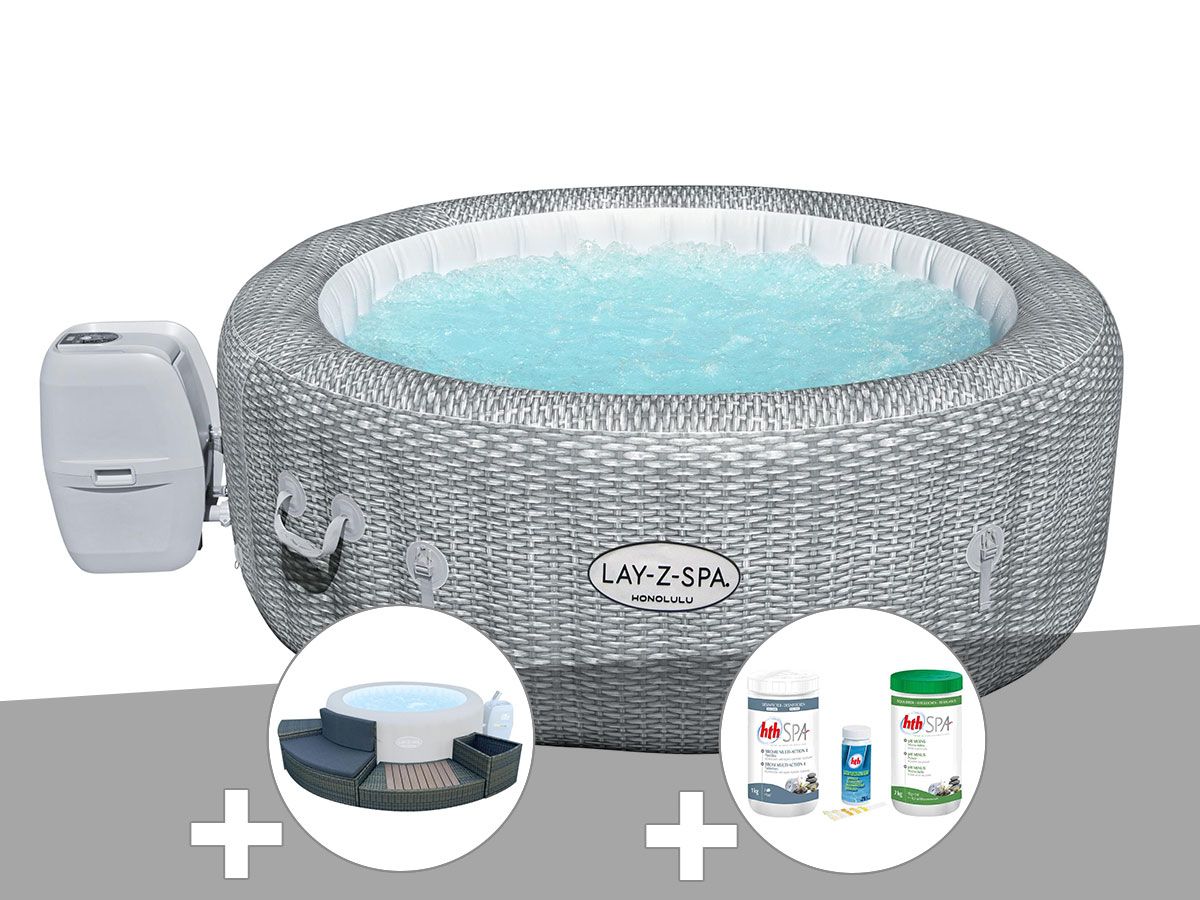 Kit spa gonflable Bestway Lay-Z-Spa Honolulu rond Airjet 4/6 places + Ensemble mobilier + Kit traitement brome