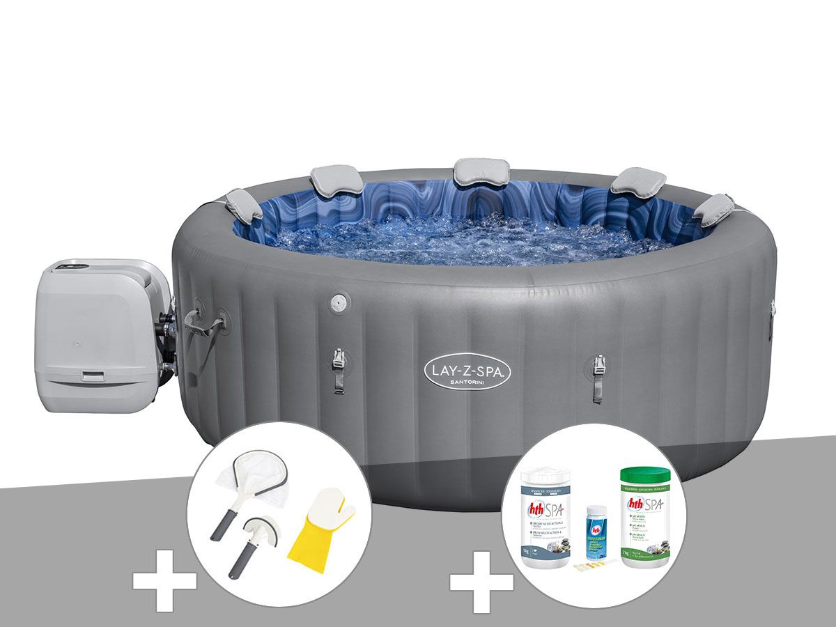 Kit spa gonflable Bestway Lay-Z-Spa Santorini rond HydroJet Pro 5/7 places + Kit traitement brome + Kit de nettoyage