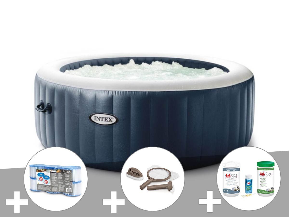 Kit spa gonflable Intex PureSpa Blue Navy rond Bulles 4 places + 6 filtres + Kit d'entretien + Kit traitement brome