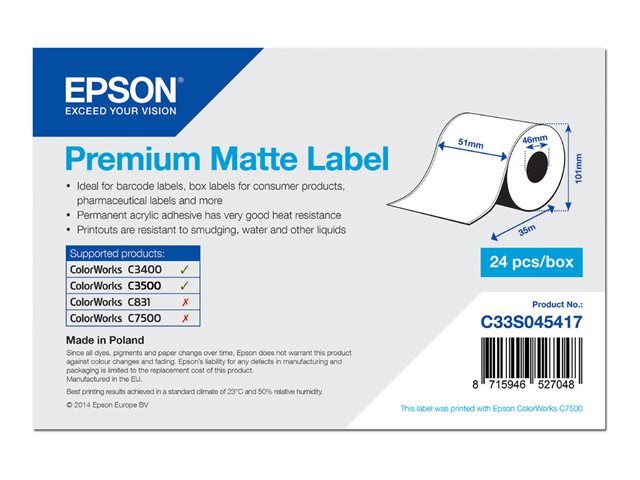 Epson Premium Rouleau 5 1 cm x 35 1 rouleau x papier continu pour étiquette pour Epson TM C3400 LT ColorWorks CW C4000E BK CW C4000E MK TM C3400 C3400BK C3500