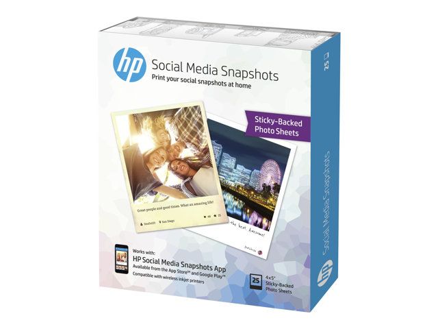 HP Social Media Snapshots Papier photo auto adhésif amovible léger 11 mils 100 x 130 mm 265 gm² 25 feuille pour Deskjet Ink Advantage 46XX Ink Advantage 55XX Envy 5540 ...