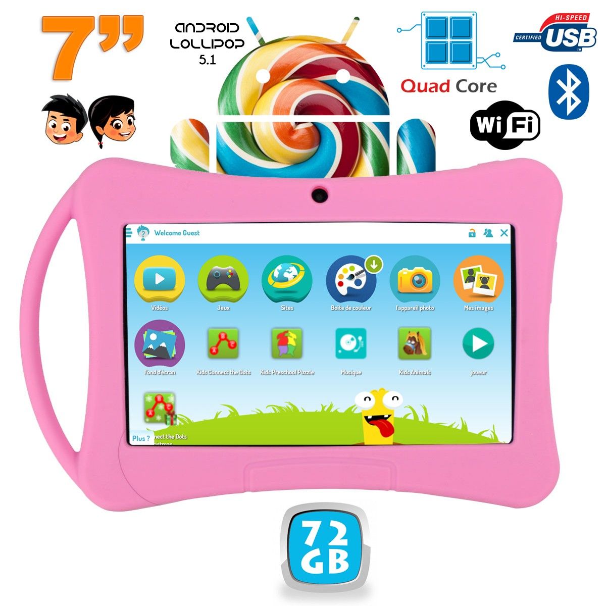 Tablette Enfant 7 Pouces Android 5.1 Lollipop Bluetooth Playstore Wifi Rose 72Gb - YONIS