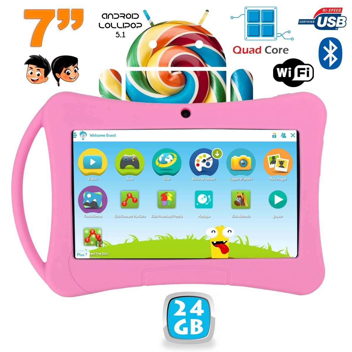 Tablette Enfant 7 Pouces Android 5.1 Lollipop Bluetooth Playstore Wifi Rose 24Gb - YONIS