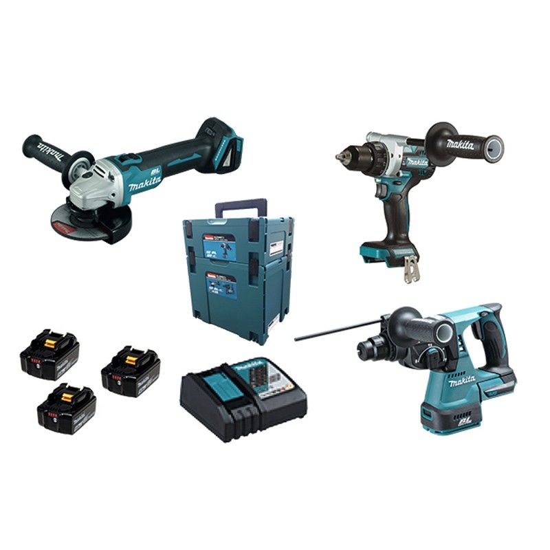 Lot 3 outils 18V perceuse visseuse DDF486 + perfo burineur DHR243 + disqueuse DGA506 MAKITA avec 3 batteries 18V 5.0Ah chargeur MakPac DLX3157TJ
