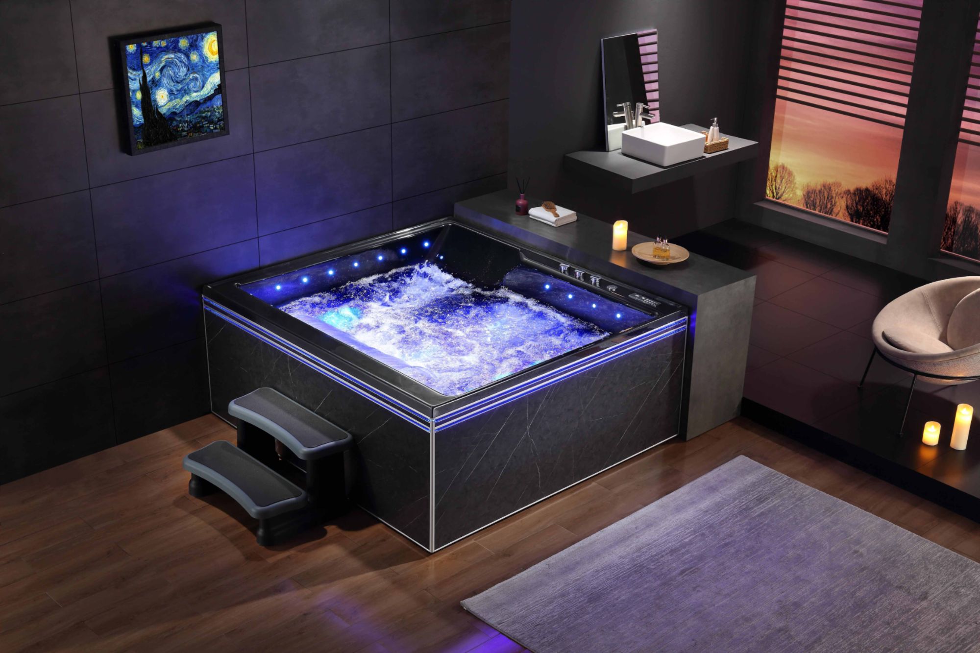 Baignoire Liberty+ 81 Jets Balnéo 180x170 Marbre Noir 1 grande Chute d'eau Finition Spa d'intérieur pour 3 Personnes