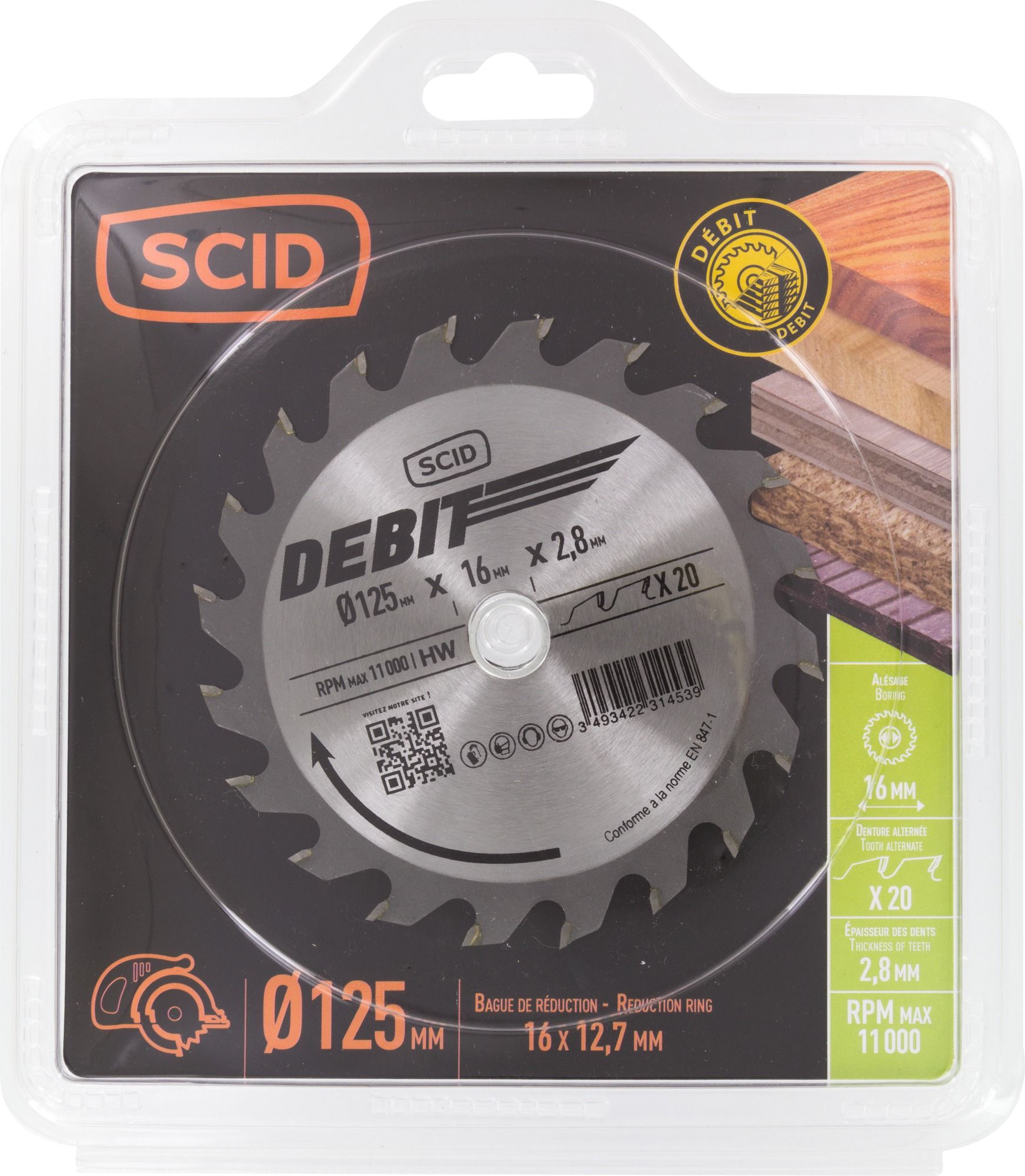 Lame au carbure pour scie circulaire SCID - Epaisseur 2,8 mm - 40 dents - Diamètre 125 mm - Alésage 16 mm