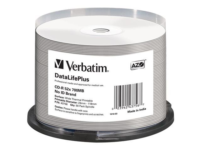 Verbatim DataLifePlus Professional 50 x CD R 700 Mo 52x surface imprimable thermique large spindle