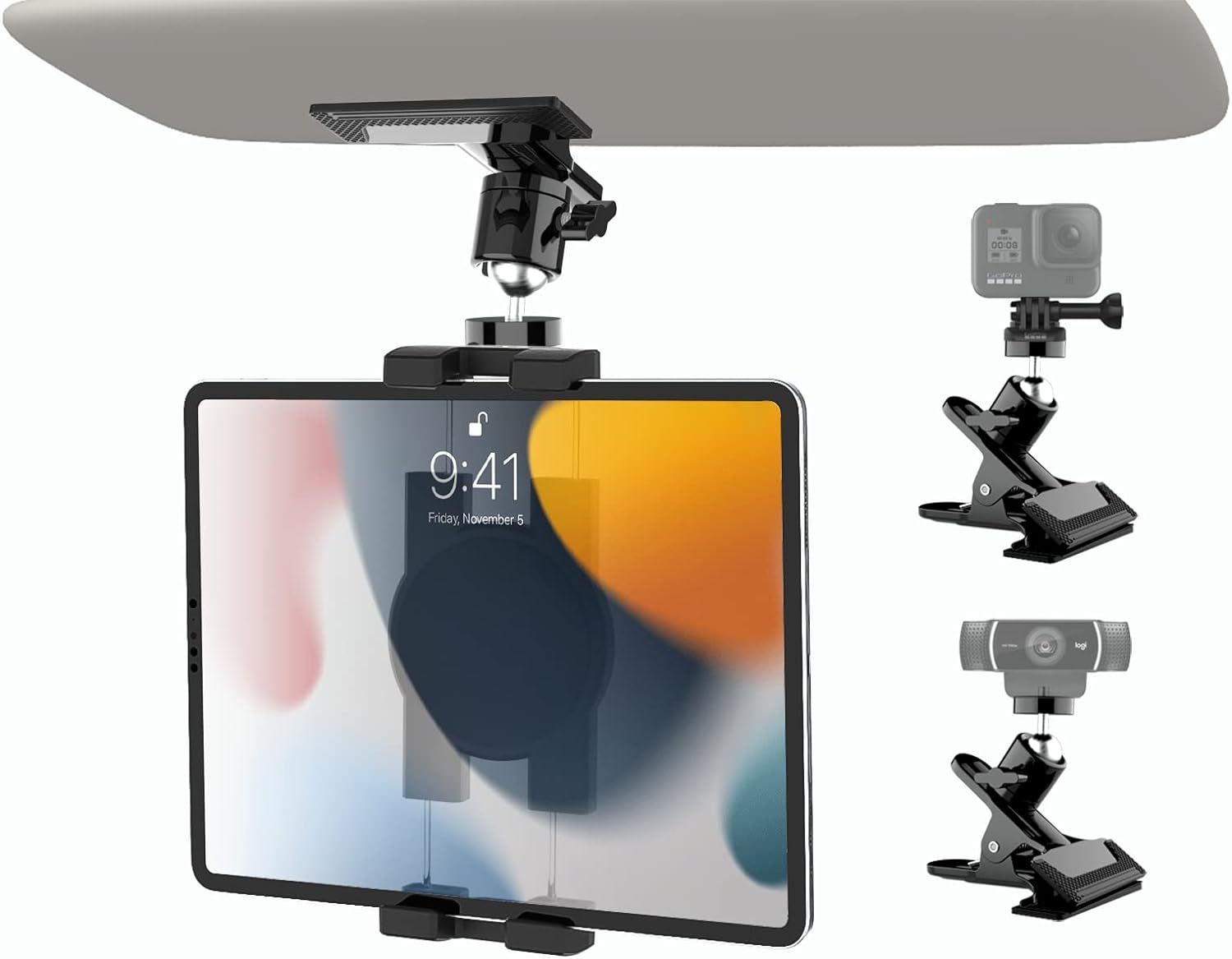 Support Tablette Pare-Soleil Voiture, Support iPad Camion visière avec Adaptateur de Vis de Caméra 1/4, Pince Multifonctionnel pour iPad, Galaxy Tabs, Lenovo, Fire, iPhone, 4-12,9