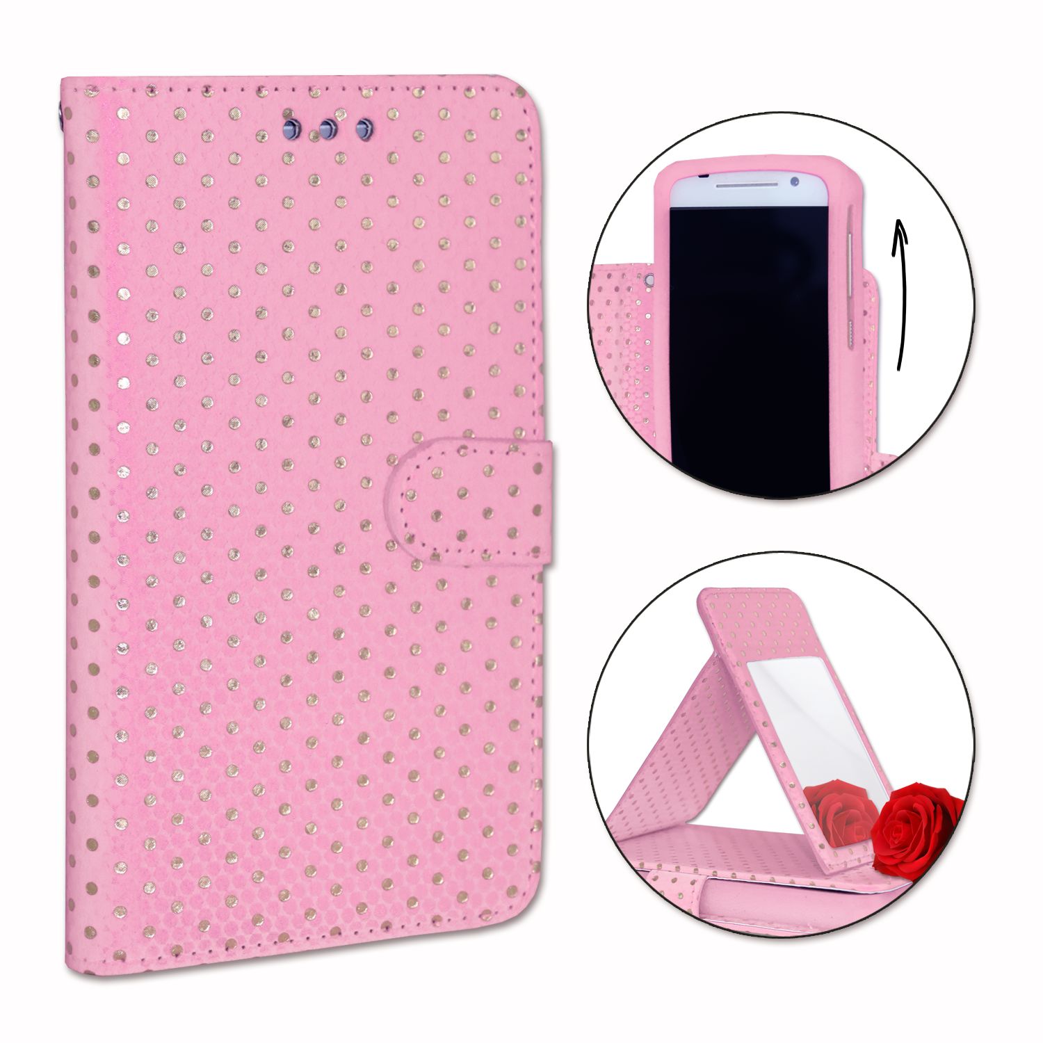 Ph26® Etui Housse Folio Rose À Pois Dorés Pour Zte Blade Vantage En Éco-Cuir Avec Porte Cartes, Miroir Et Surpiqures Apparentes