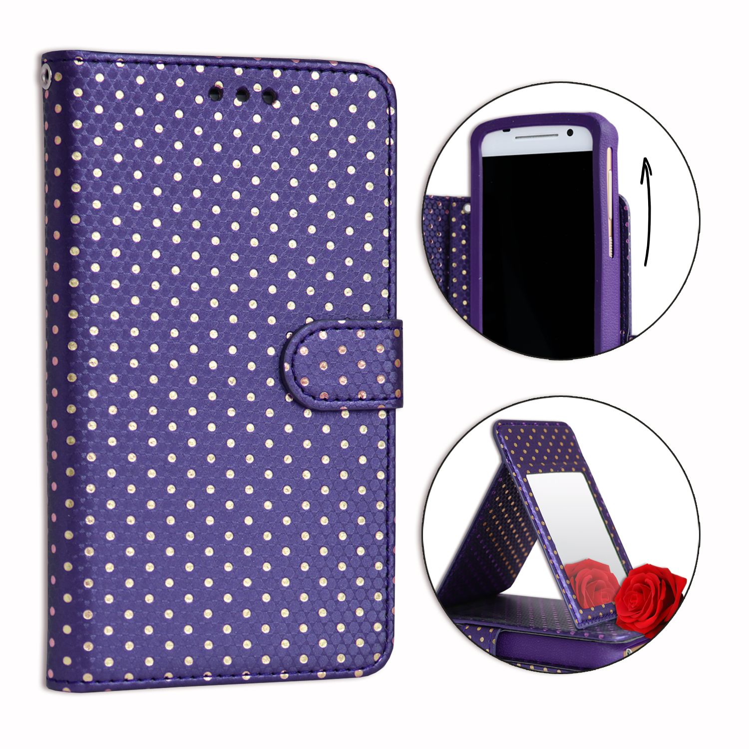 Ph26® Etui Housse Folio Violet À Pois Dorés Pour Sharp Aquos Mini Sh-M03 En Éco-Cuir Avec Porte Cartes, Miroir Et Surpiqures Apparentes