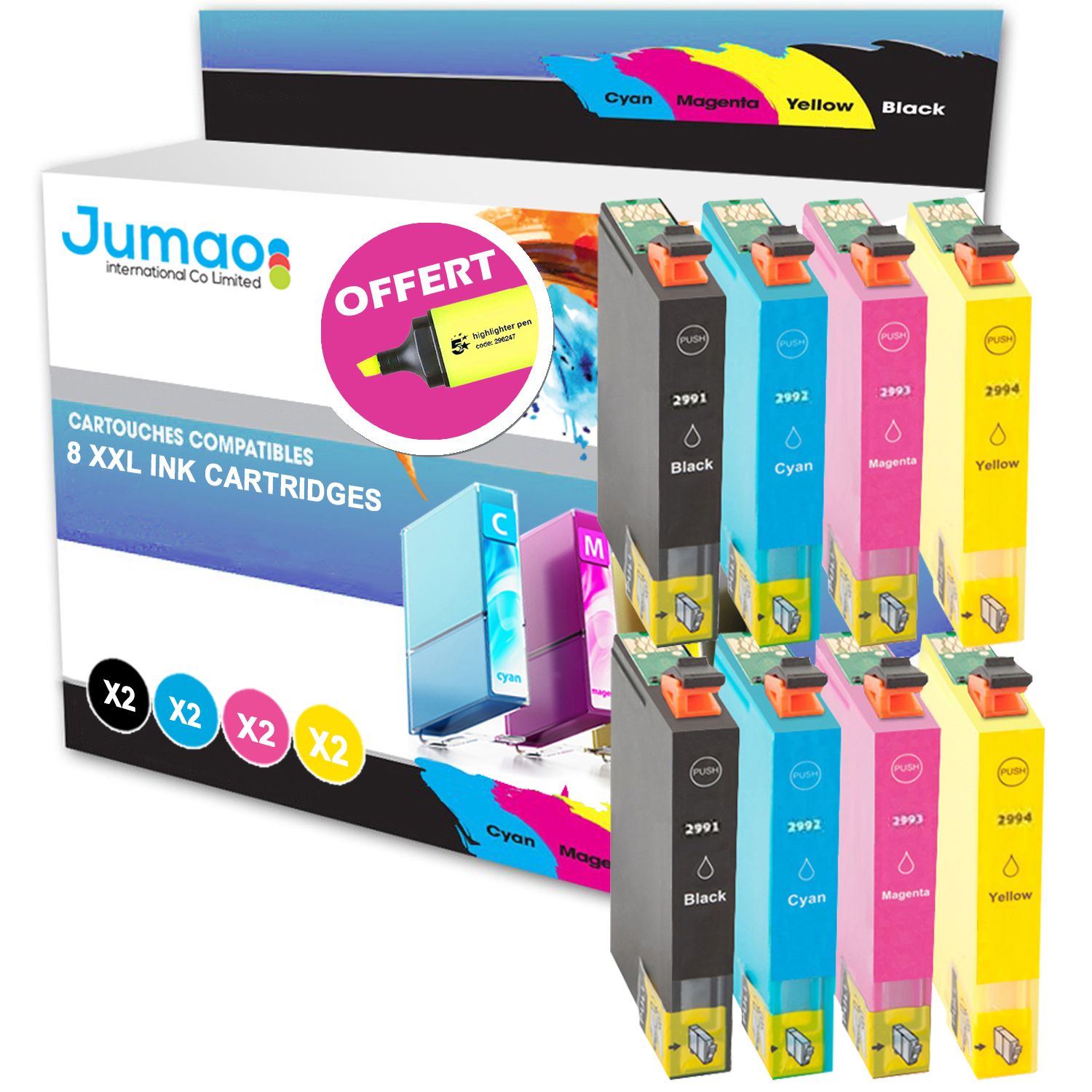 8 cartouches d'encre Jumao 29XL compatibles pour Epson ExpressionHome XP345 445 +Fluo offert