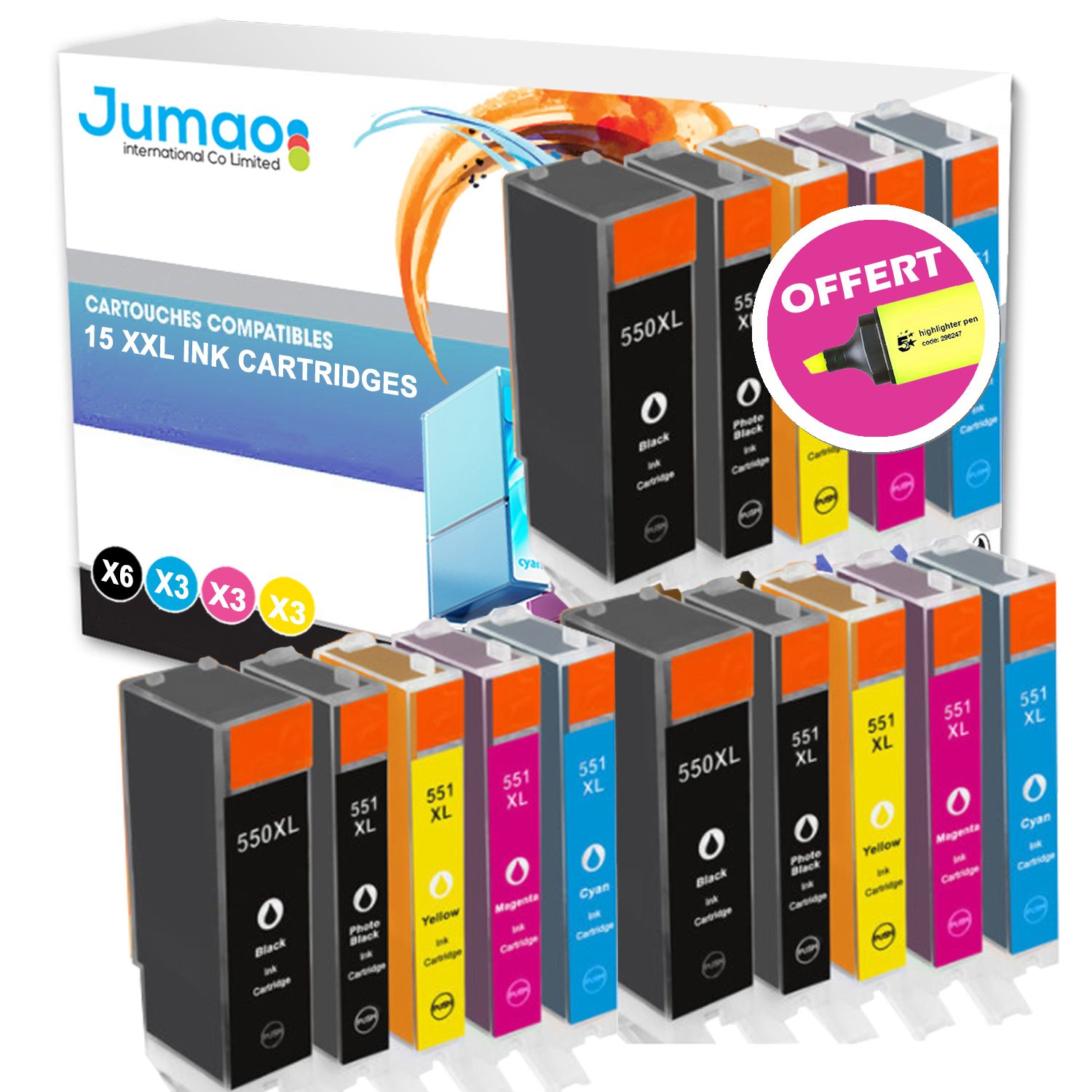 Lot de 15 cartouches jet d'encre type Jumao compatibles pour Canon PIXMA MG5550 +Fluo offert