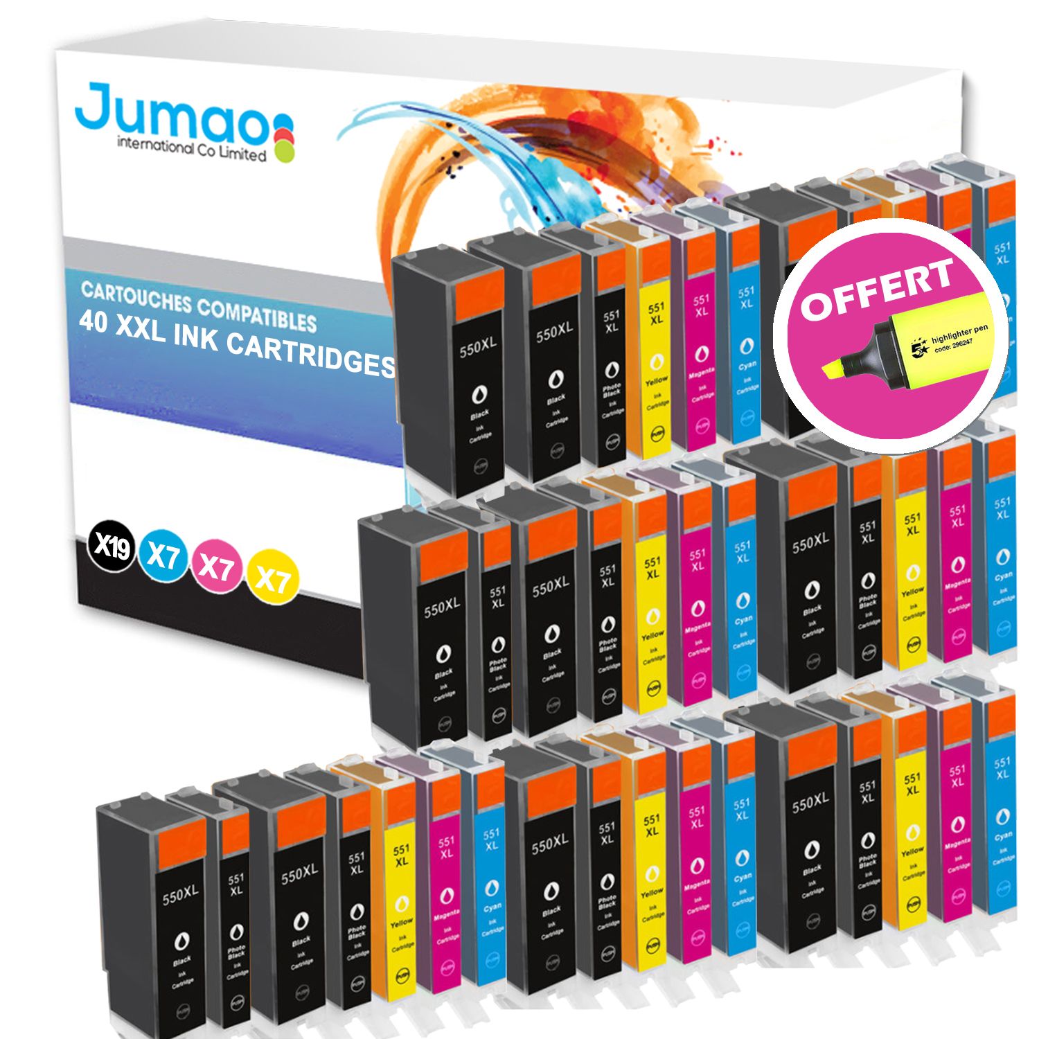 40 cartouches type Jumao compatibles pour Canon PIXMA MG5450 5550 5650 6350 7550 +Fluo offert