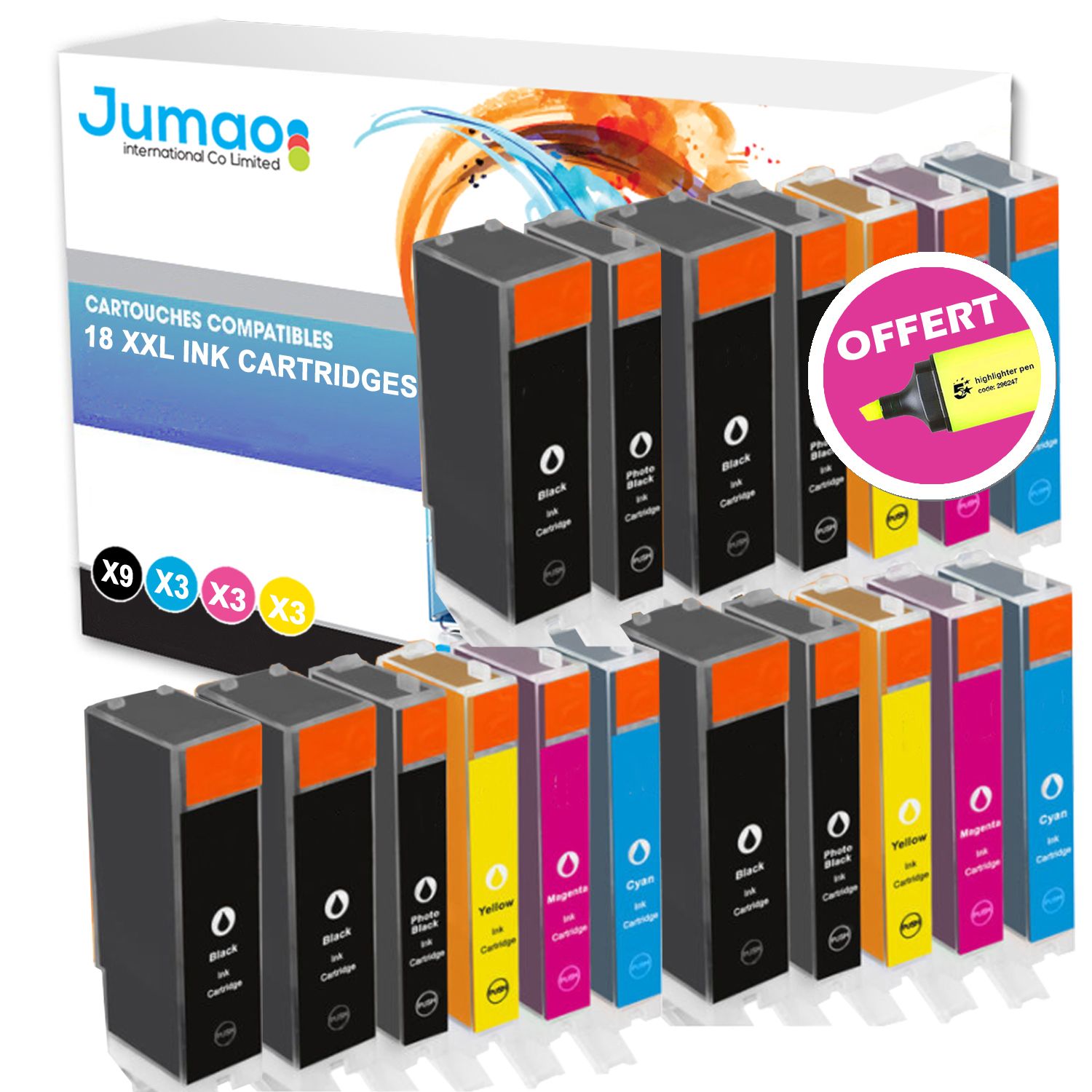 18 cartouches Jumao compatibles pour Canon PIXMA MG5250 5350 6150 8150 8250 6250 +Fluo offert