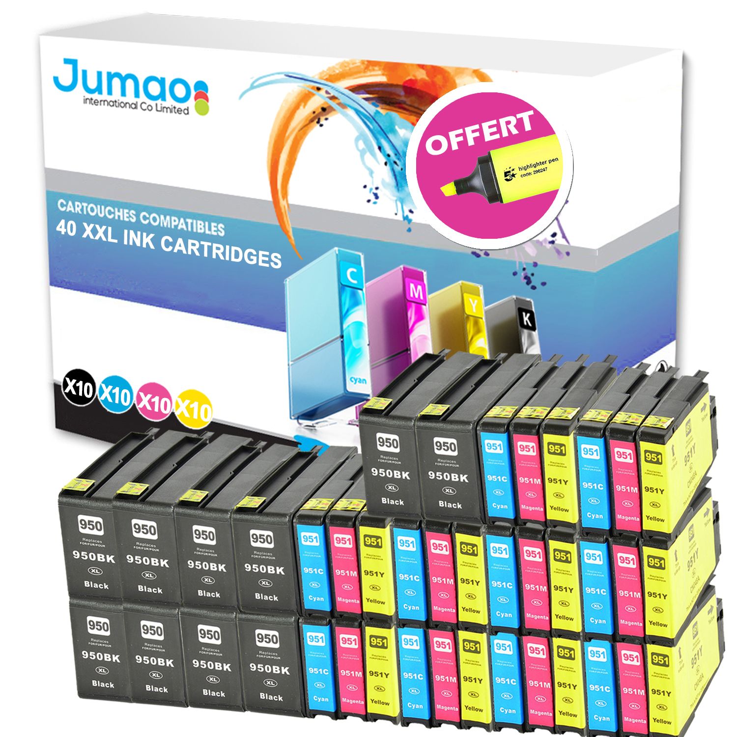 40 cartouches type Jumao compatibles pour HP Officejet Pro 8610 tout-en-un +Fluo offert