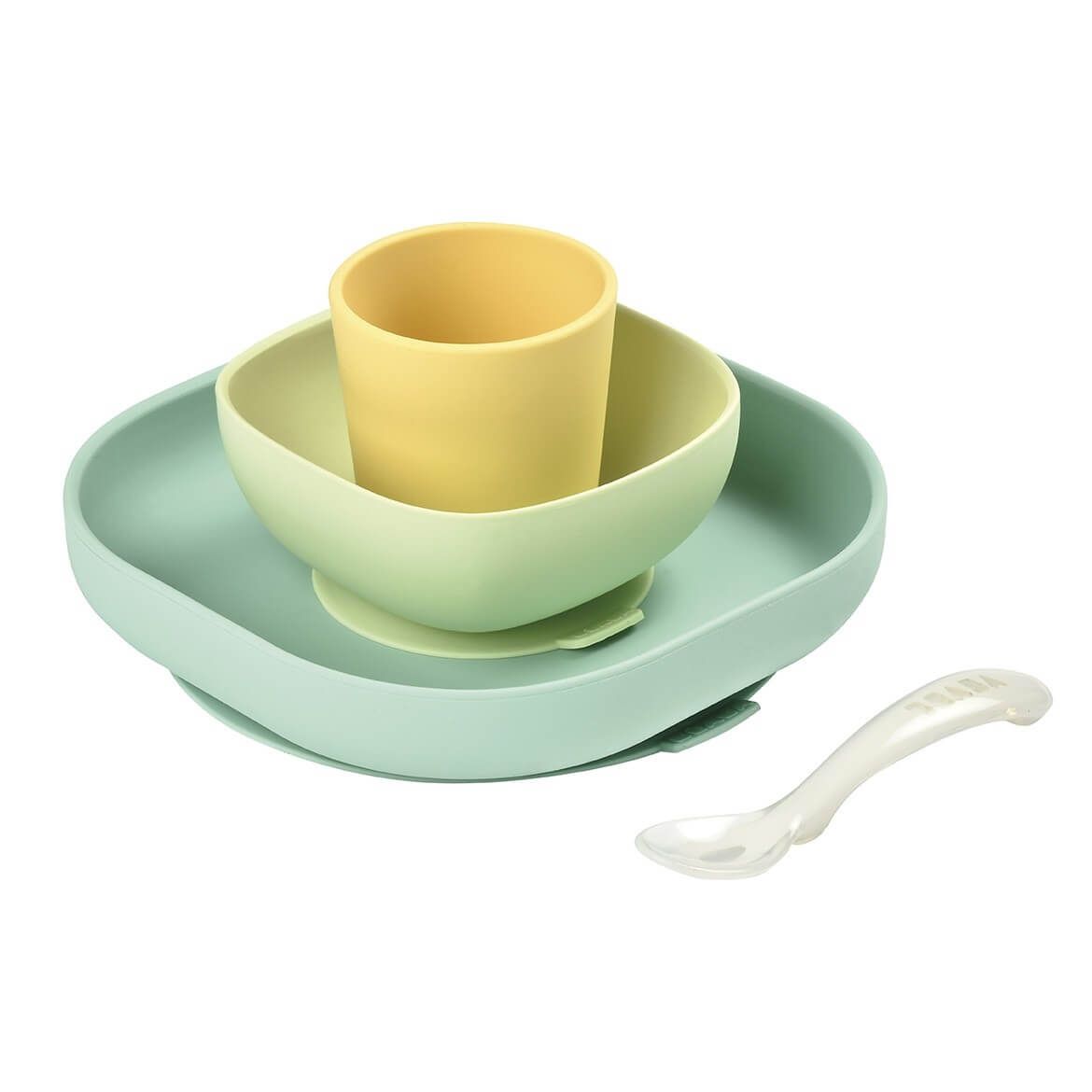 BEABA Set vaisselle silicone repas bébé 4 pièces avec ventouse anti dérapant jaune