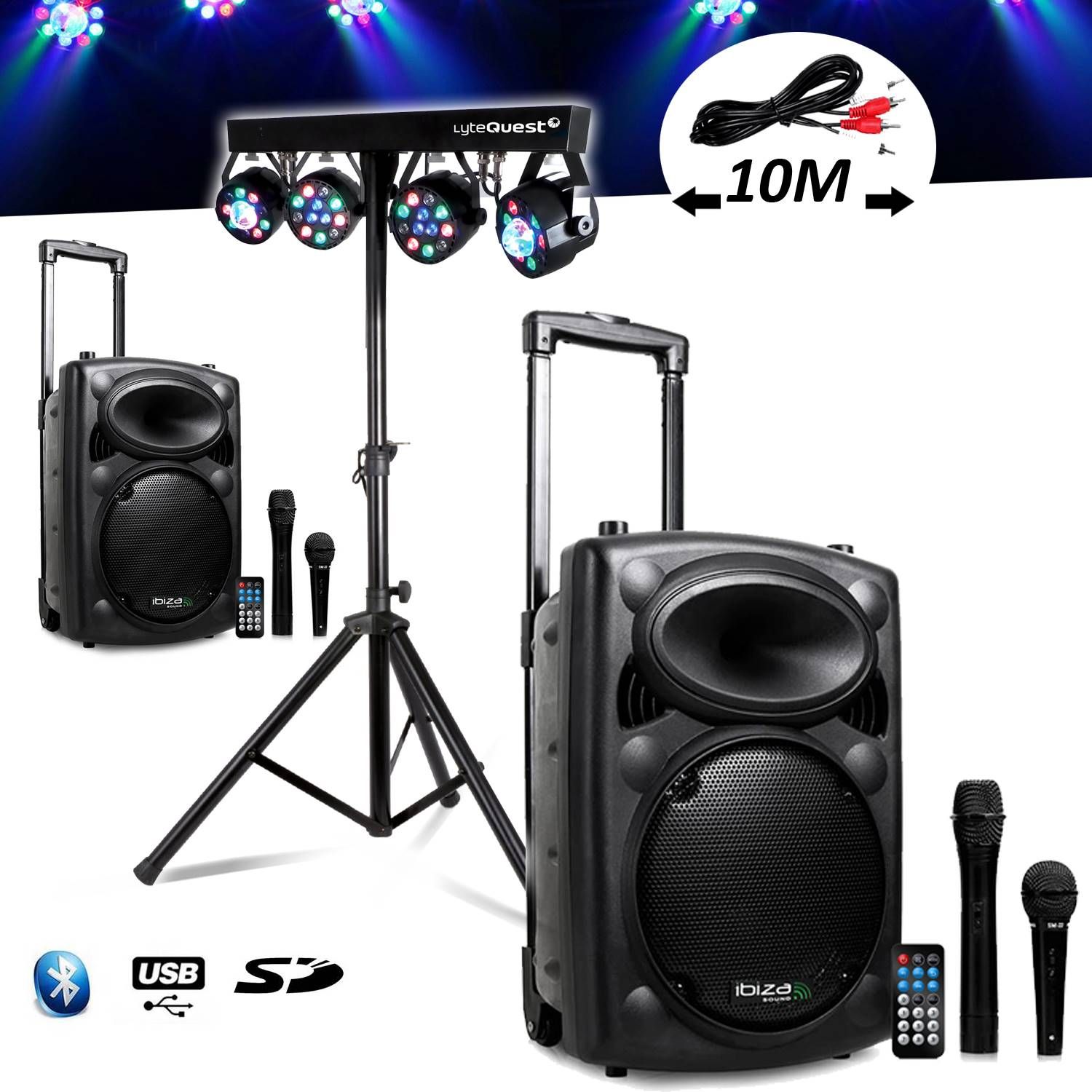 Système Amplifié sur Batterie 1000W Port10 VHF Sono Musiciens DJ USB Bluetooth Mobile 4 Micros + Portique +4 PAR /UV/FRIZTAL DMX