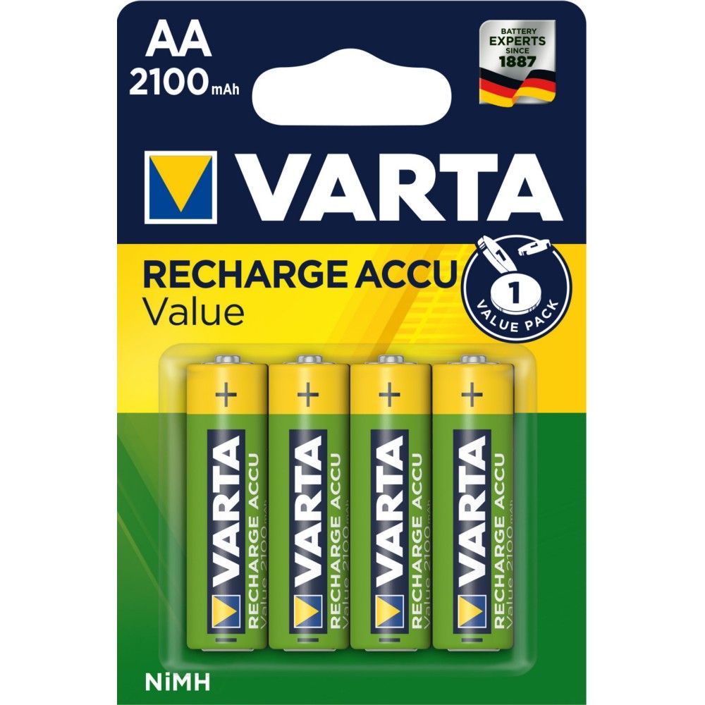 VARTA Piles rechargeables AA lot de 4 Recharge Accu Recycled 2100 mAh Ni MH fabriquées avec 21% de matériaux recyclés préchargées prêtes à 'emploi