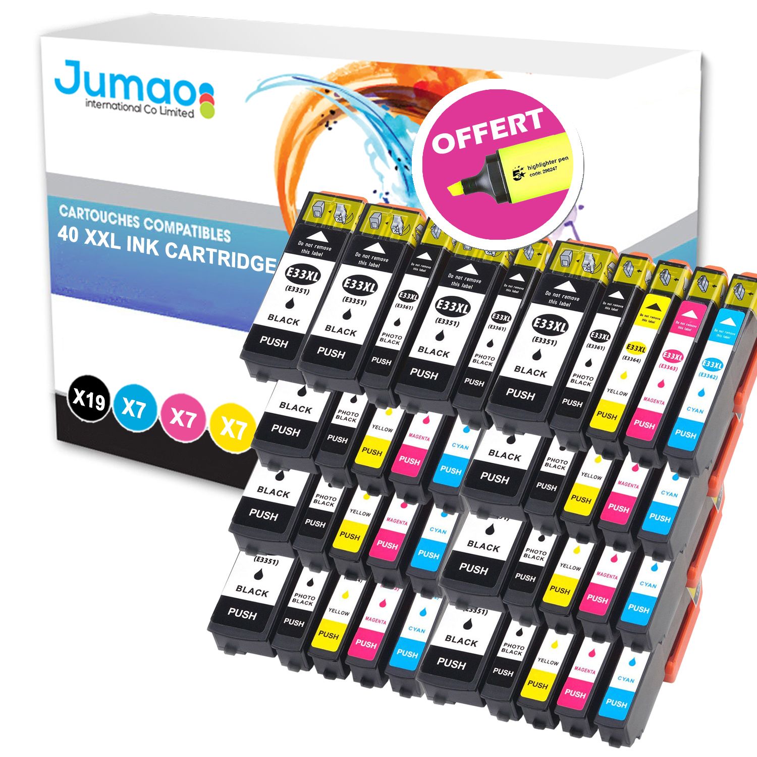 Lot de 40 cartouches 10*N (22ml), 9* NPH (13ml), 7*CMY(13ml) compatibles pour Epson Expression Premium XP-635+ Fluo offert -Jumao-