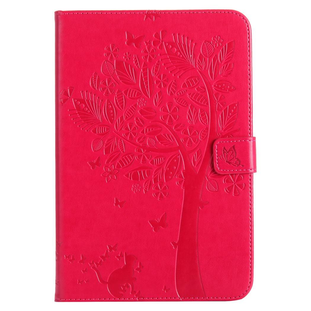 Saturcase Coque Pour Apple Ipad Mini 4, Arbre À Chat Gaufrage Pu Cuir Magnétique Flip Portefeuille Support Porte-Carte Protecteur Coque Housse Étui Pour Apple Ipad Mini 4 (Rouge)