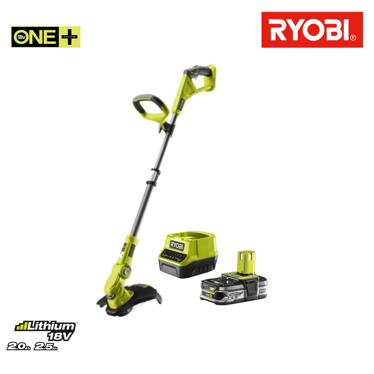 Pack RYOBi coupe bordure 18V One+ OLT1832 batterie 2.5Ah LithiumPlus chargeur rapide 2.0Ah RC18120 125