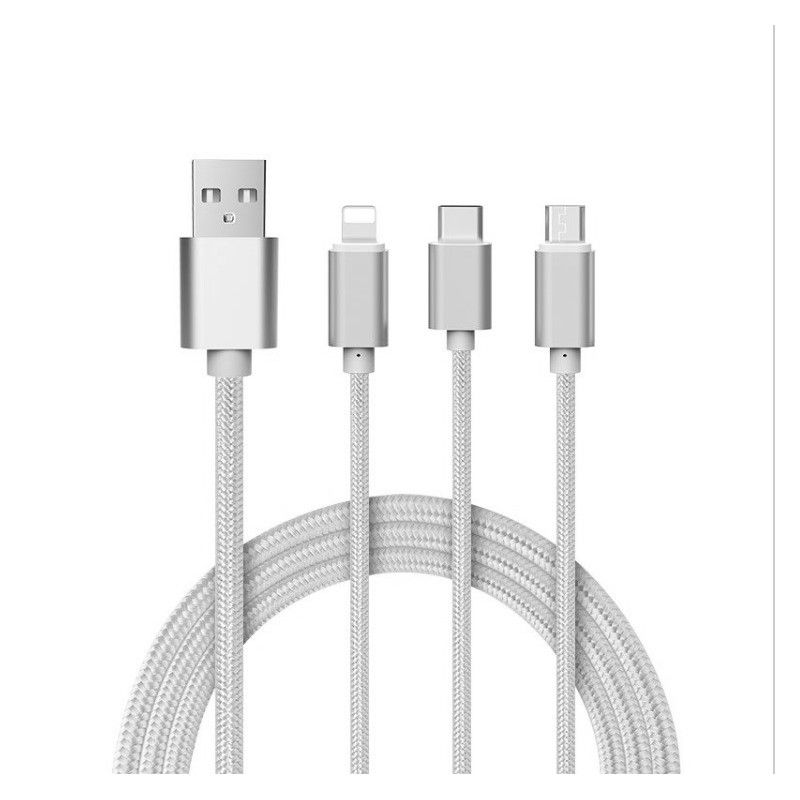 Câble 3 en 1 Pour HONOR 5C Android, Apple & Type C Adaptateur Micro USB Lightning 1,5m Metal Nylon - ARGENT