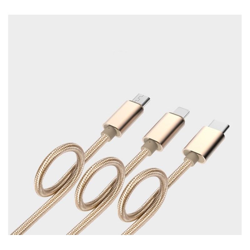 Câble 3 en 1 Pour Huawei P9 Plus Android, Apple & Type C Adaptateur Micro USB Lightning 1,5m Metal Nylon - OR