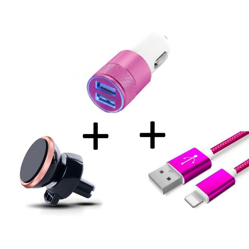 Pack Voiture Pour Iphone 5s (Cable Chargeur Metal Lightning + Double Adaptateur Allume Cigare + Support Magnetique) - Rose