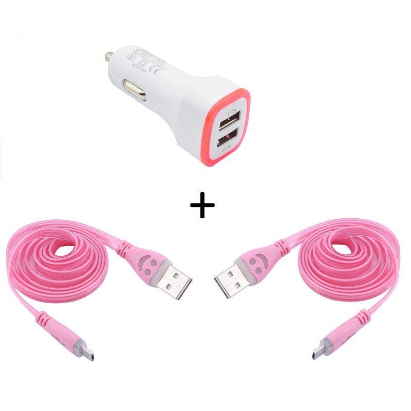 Pack Voiture Pour Iphone Lightning (2 Cables Smiley + Double Adaptateur Led Allume Cigare) Apple - Rose