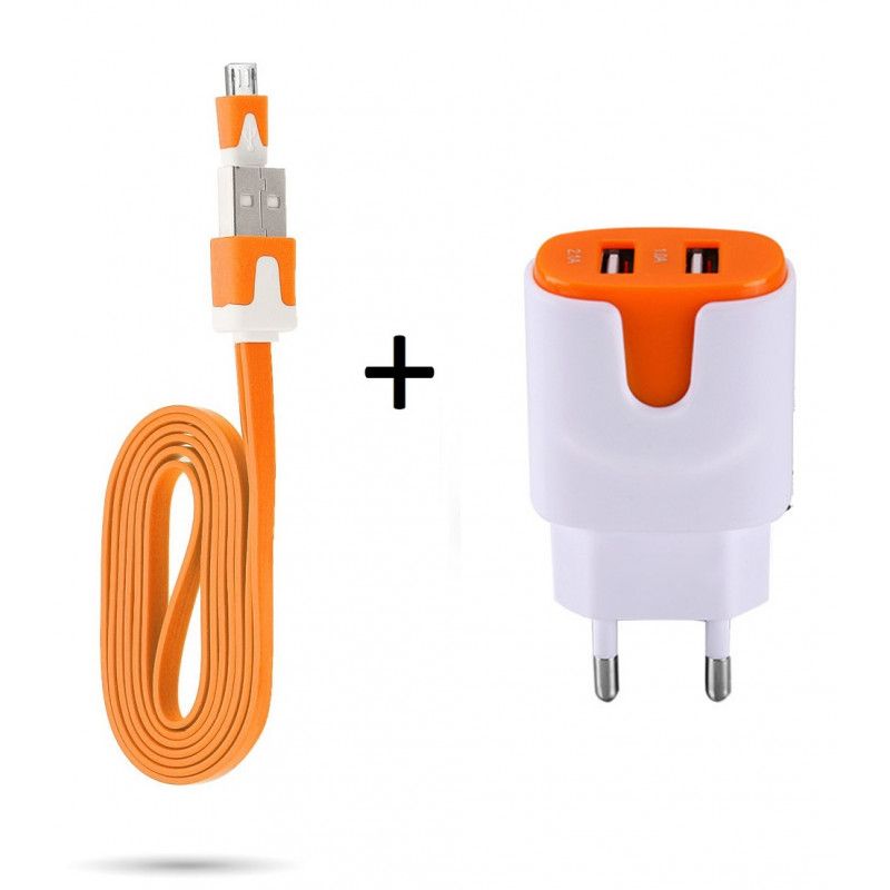 Pack Chargeur Pour Manette Playstation 4 Ps4 Smartphone Micro-Usb (Cable Noodle 1m Chargeur + Double Prise Secteur Couleur Usb) - Orange