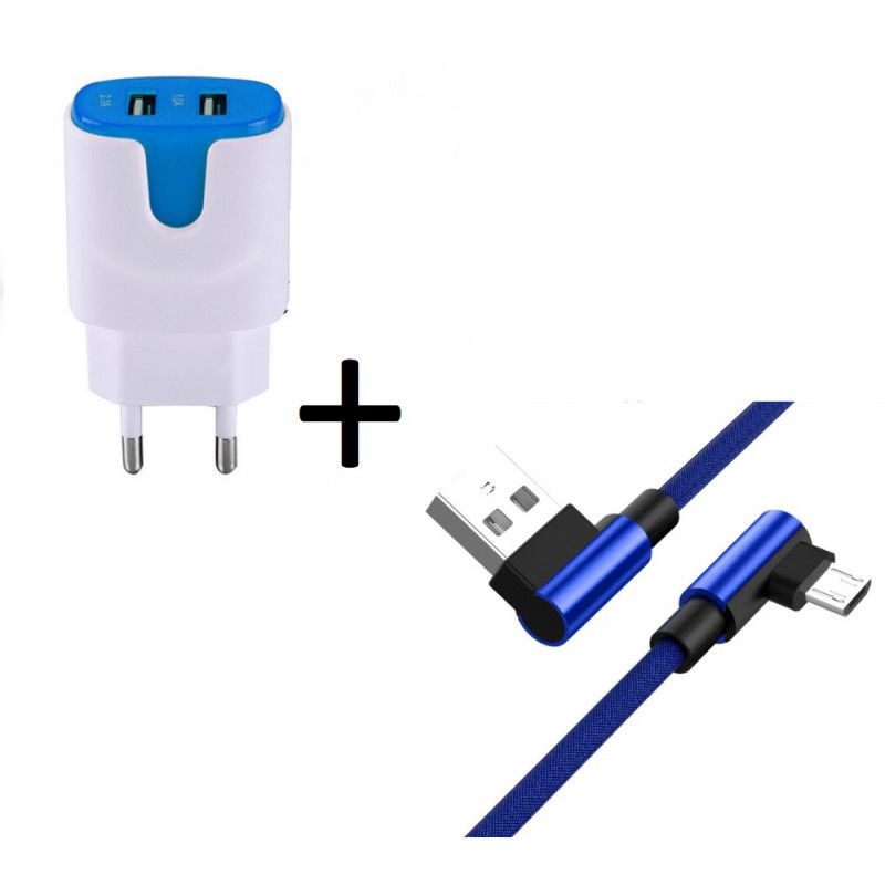 Pack Pour Oneplus One Smartphone Micro Usb (Cable 90 Degres Fast Charge + Double Prise Secteur Couleur) - Bleu