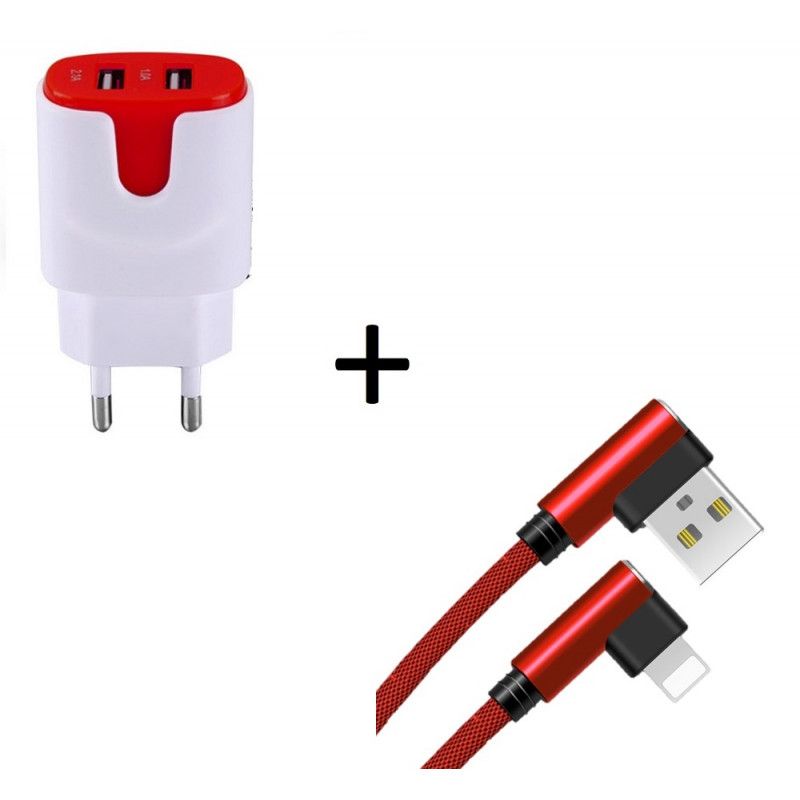 Pack Pour Ipad Mini 4 Lightning (Cable 90 Degres Fast Charge + Double Prise Secteur Couleur) - Rouge