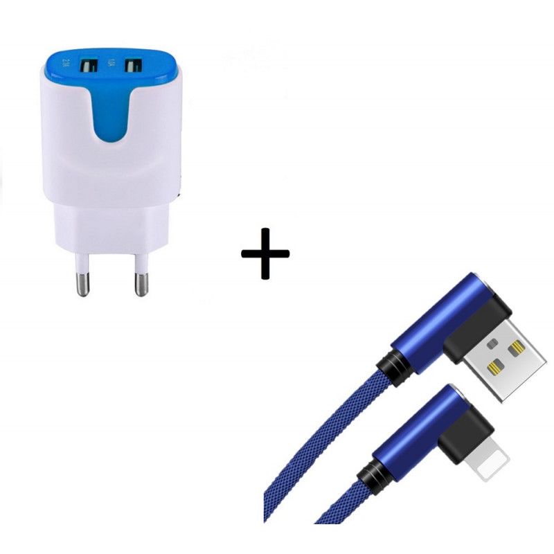 Pack Pour Iphone Xs Max Lightning (Cable 90 Degres Fast Charge + Double Prise Secteur Couleur) - Bleu