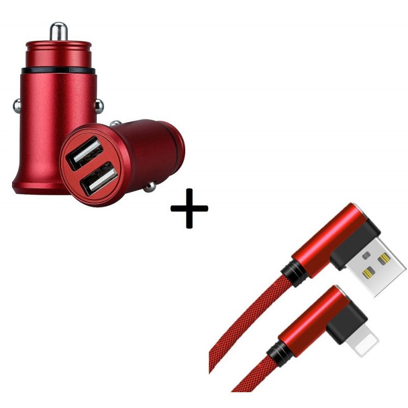 Pack Pour Iphone Xs Lightning (Cable 90 Fast Charge + Mini Double Prise Allume Cigare) - Rouge