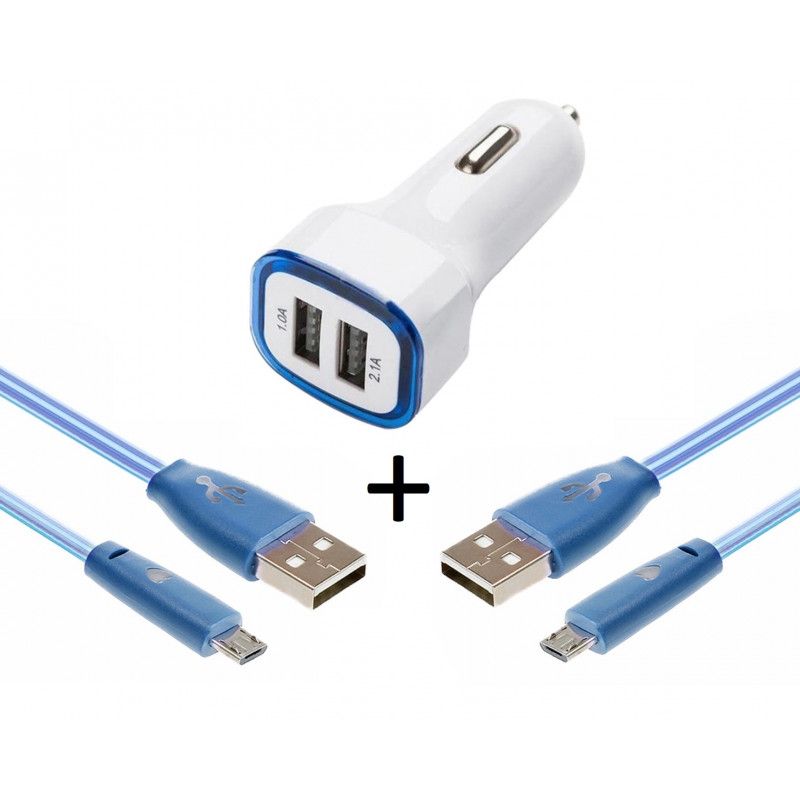 Pack Voiture Pour Iphone 7 Plus Lightning (2 Cables Smiley + Double Adaptateur Led Allume Cigare) Apple - Bleu