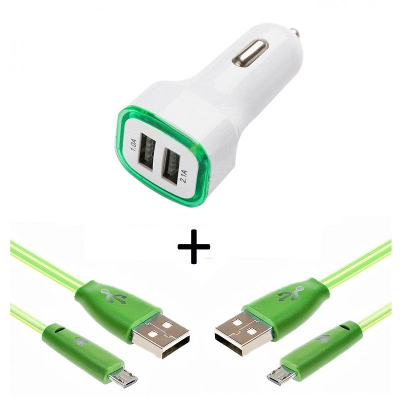 Pack Voiture Pour Iphone Xr Lightning (2 Cables Smiley + Double Adaptateur Led Allume Cigare) Apple - Vert