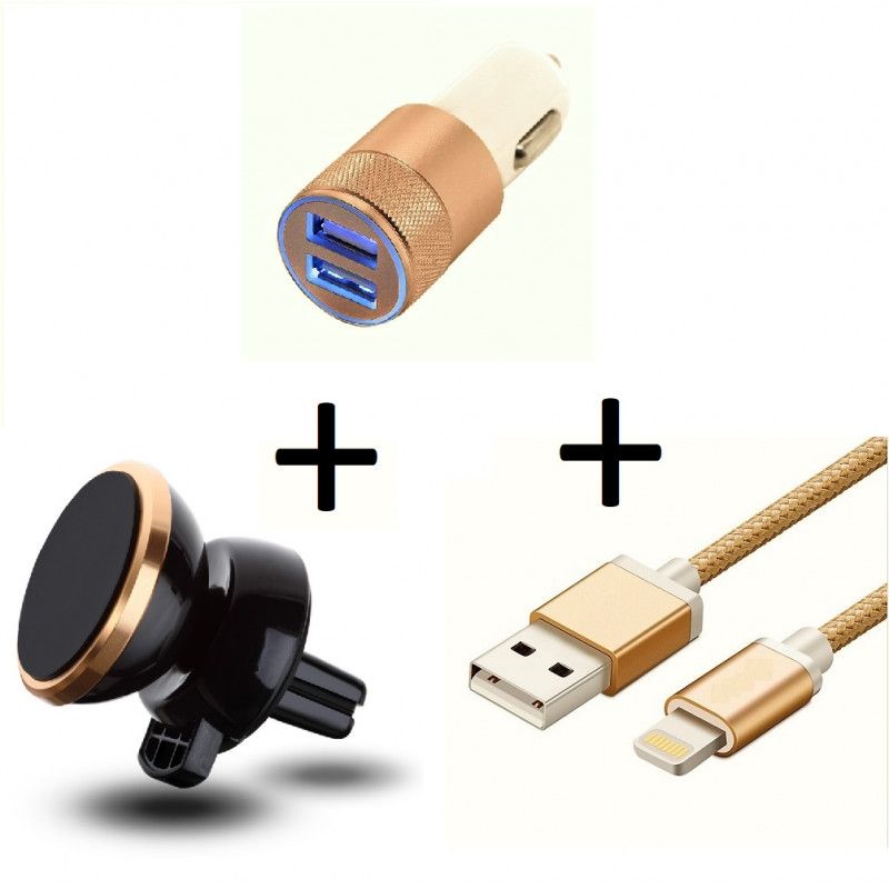 Pack Voiture Pour Iphone 11 Pro Max (Cable Chargeur Metal Lightning + Double Adaptateur Allume Cigare + Support Magnetique) - Or