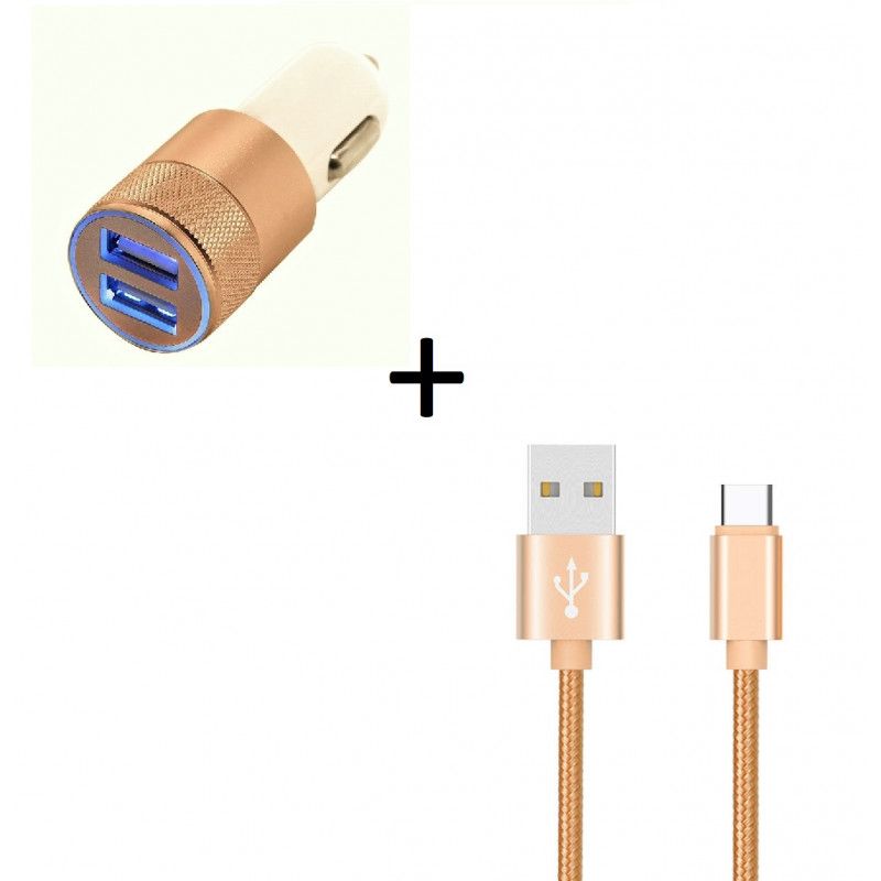 Pack Voiture pour JBL FLIP 5 (Cable Chargeur Metal Type C + Double Adaptateur Allume Cigare) Android - OR